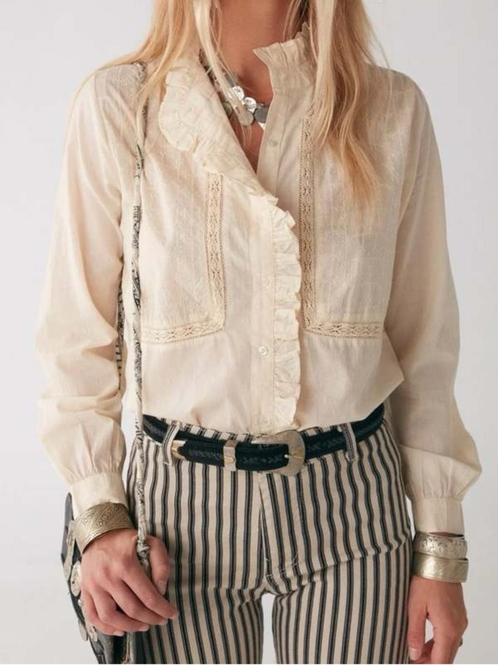 Maison Hotel Riya Blouse Cream Cotton Victorian Ruffle Button Up Boho Shirt L